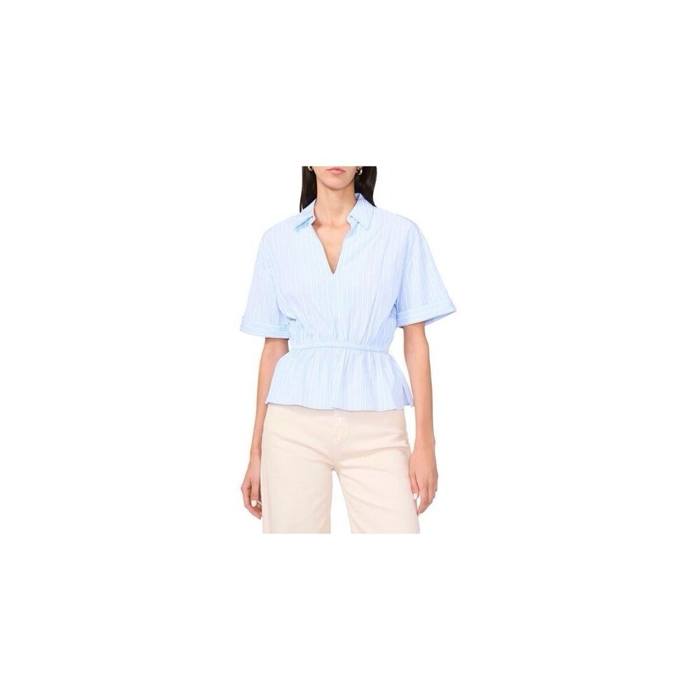 1.State Johnny Collar Gathered Waist Top Blue & White Vertical Stripe NWOT XS